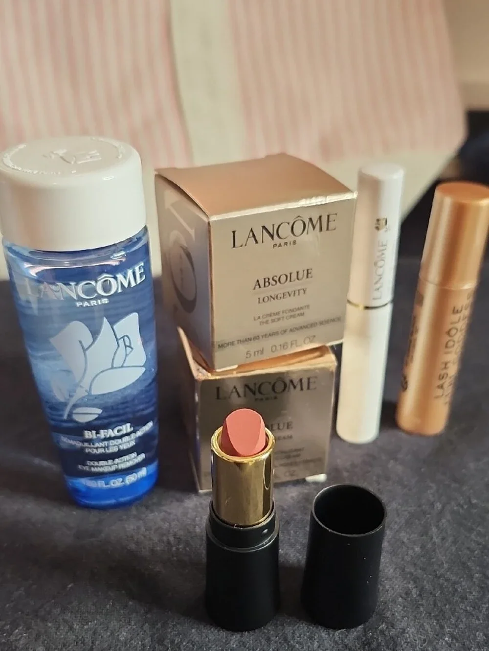 Lancome Pink Stripe Cosmetic Travel Tote with Beauty Essentials